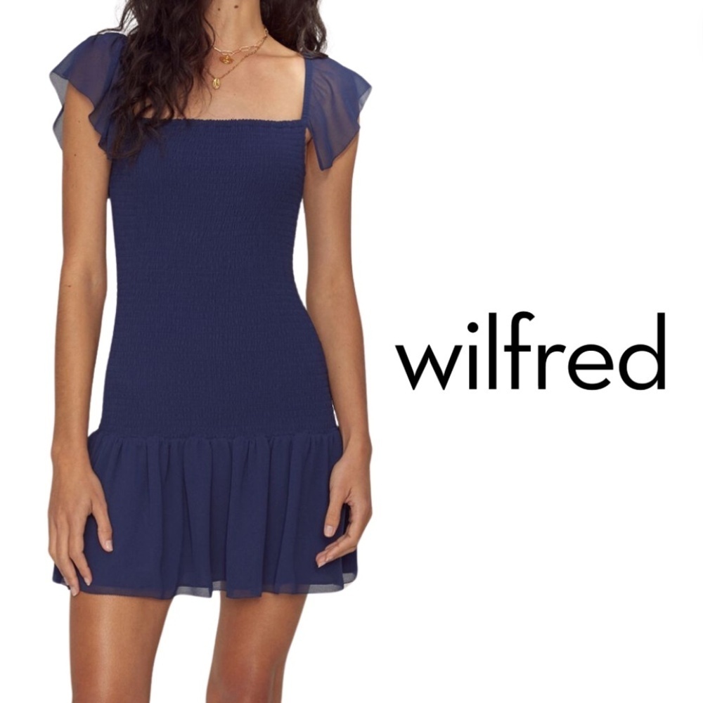 Wilfred Eldorado Dress Smocked Off-The-Shoulder Mini Dress Classic Navy Blue - M